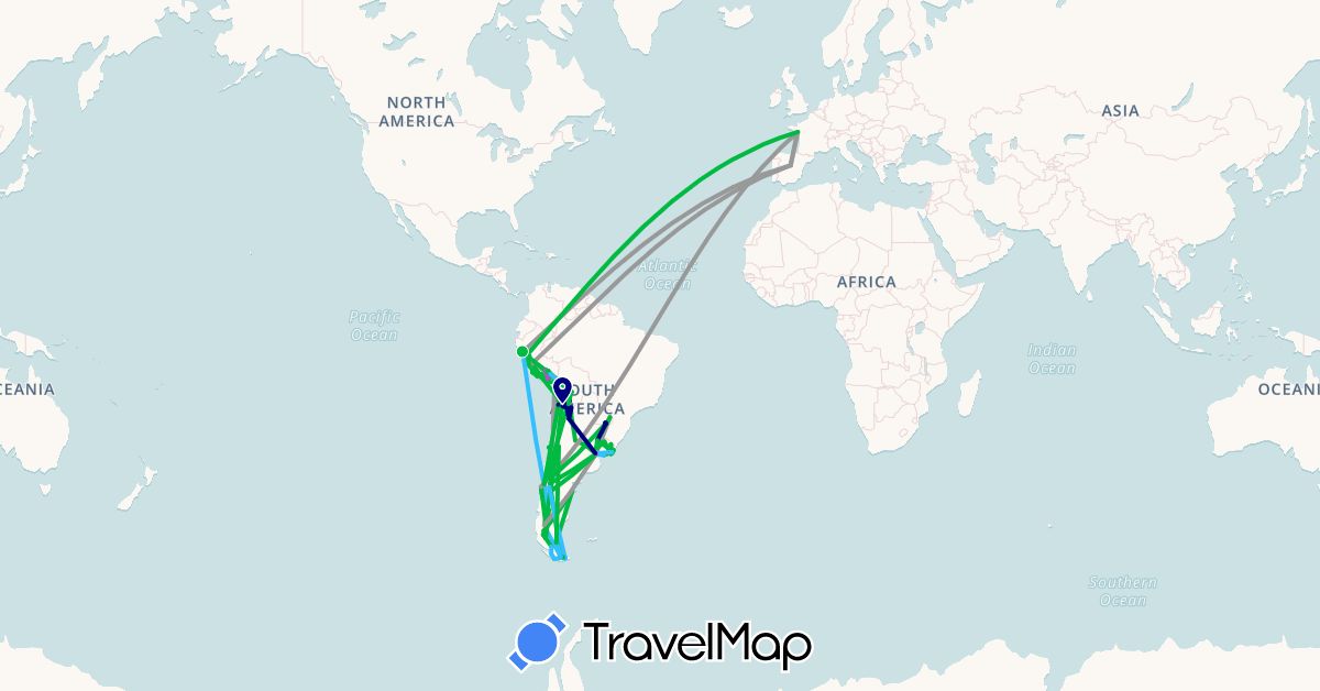 TravelMap itinerary: driving, bus, plane, train, hiking, boat in Argentina, Bolivia, Chile, Spain, France, Peru, Uruguay (Europe, South America)